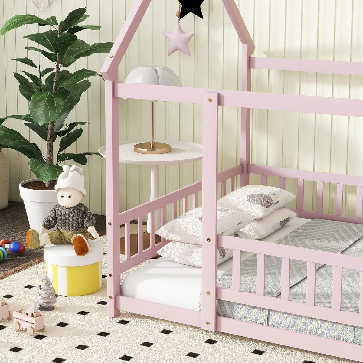 Pink Full Size Montessori Floor Bed Solid Wood Frame - Playhouse - LumeraKids