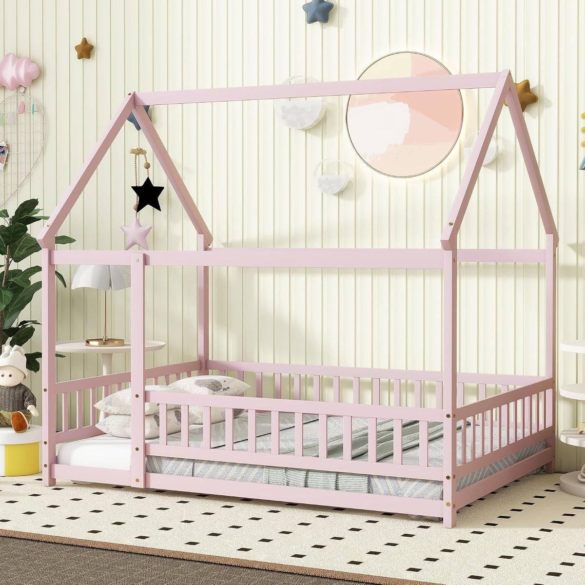 Pink Full Size Montessori Floor Bed Solid Wood Frame - Playhouse - LumeraKids