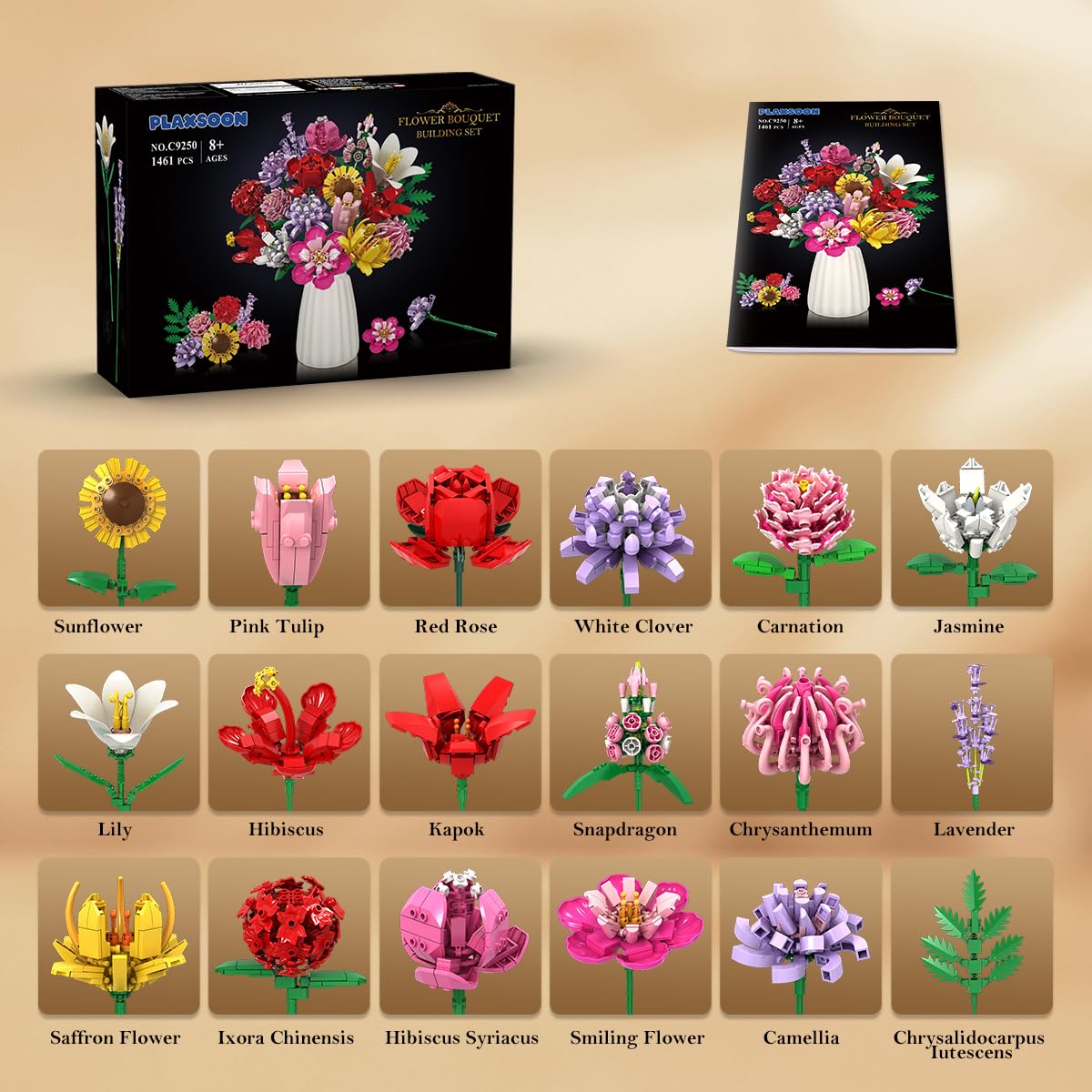 Flower Bouquet Building Set, Valentines Day Botanical Building Block Toy 1464 PCS, 18 Flowers Rose Sunflower Home Plant Decor, Birthday Gifts For Adults Women Boys Girls - 0 - LumeraKids